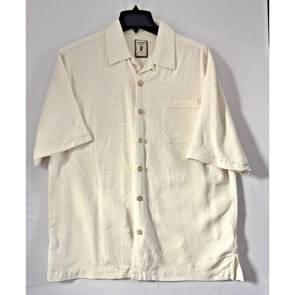 Jamaica Jaxx Mens Cream Casual Button Down Shirt‎ Short Sleeve Silk Medium